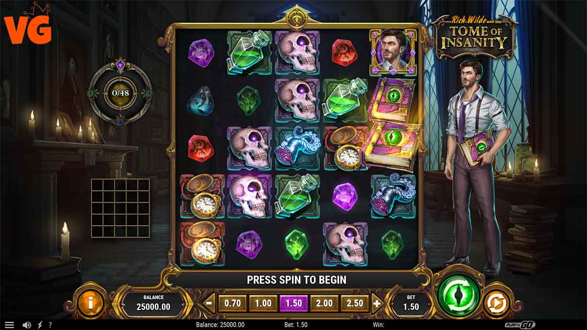 Rich Wilde and the Tome of Insanity slot game by Playn GO, base game view